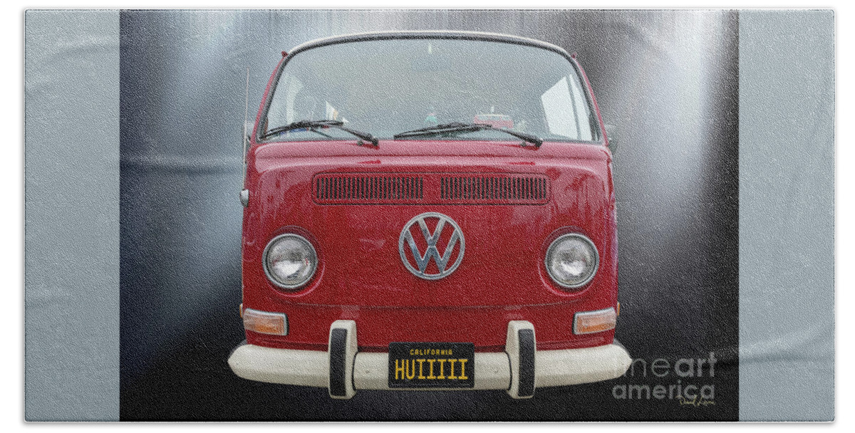 Backgrounds Beach Towel featuring the photograph VW Red Bus by David Levin