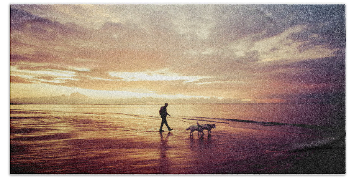 Ambient Light Beach Towel featuring the photograph Walking the Dogs at Sunset by Spikey Mouse Photography