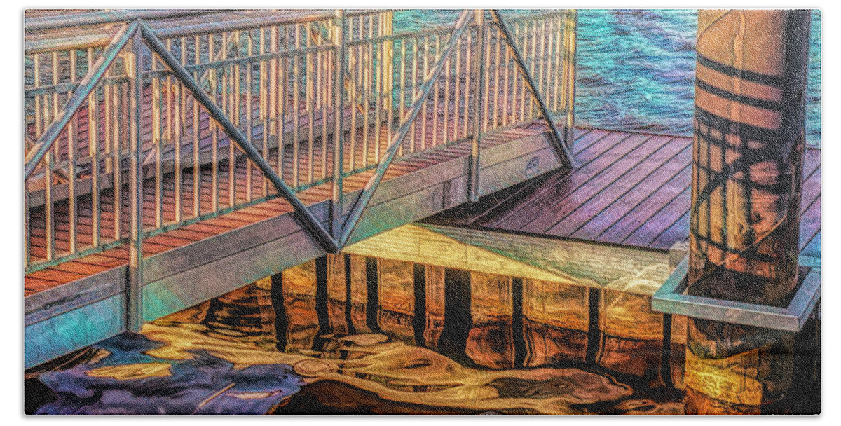 Walkway; Dock; Float; Morning; Light; Shadows; Railing; Abstract; Reach; Photo; Safety; Strength; Sart; Coastal; Marina; River; Balance; Beauty; Challenge; Nautical; Harmony; Suspended; Integrity; Wall Art; Contemporary Decor; Industrial Decor; Transitional Decor Beach Towel featuring the photograph Walkway To Floating Dock Early Morning by Gary Slawsky