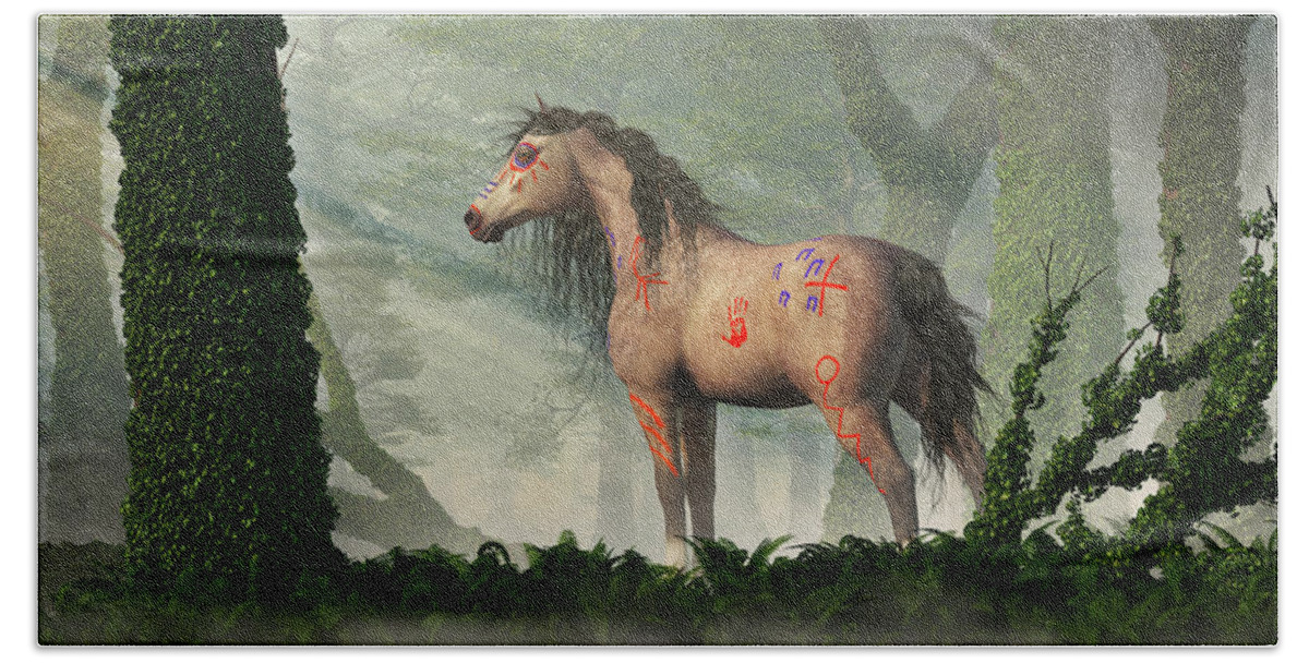 War Horse Beach Towel featuring the digital art War Horse in a Misty Forest by Daniel Eskridge