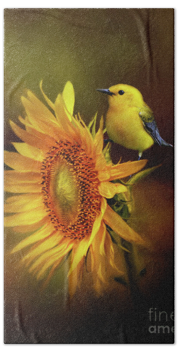 Yellow Warbler Beach Towel featuring the mixed media Warbler with Sunflower by Kathy Kelly