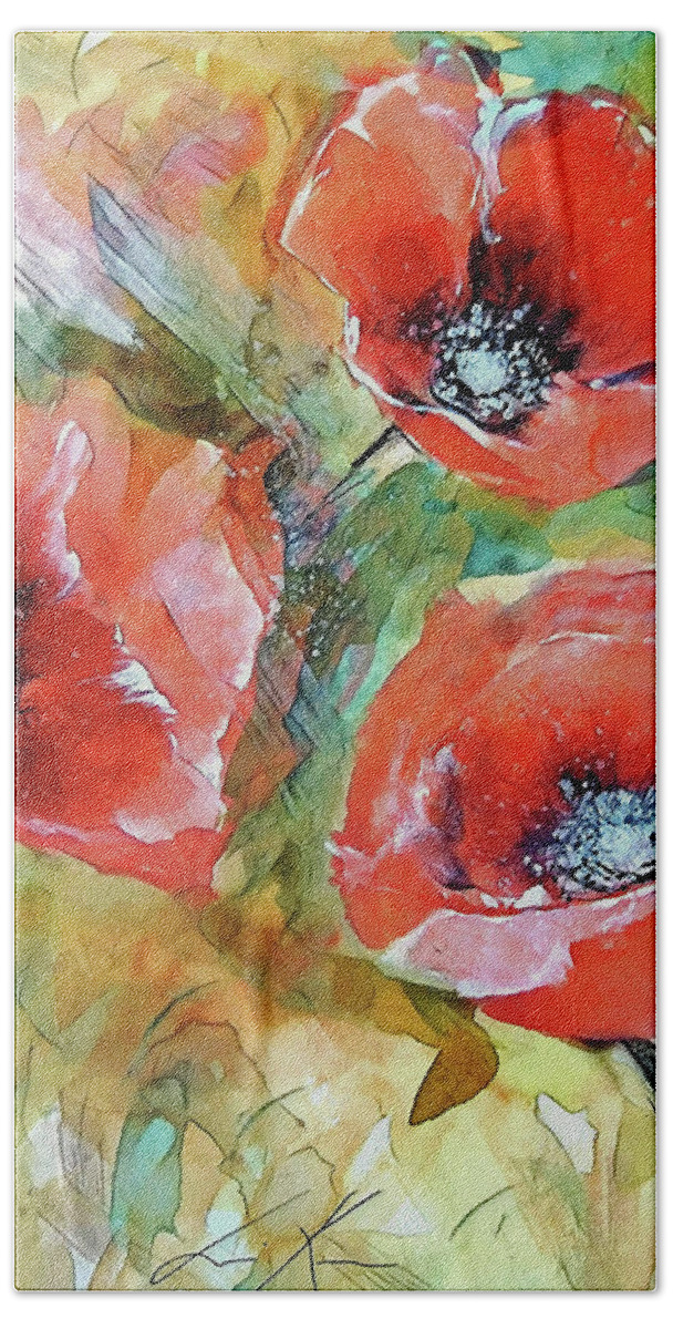 Poppy Beach Towel featuring the painting Warm Windy Poppy Watercolour by Lisa Kaiser