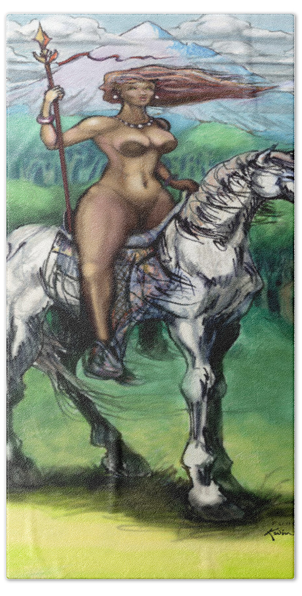 Warrior Beach Towel featuring the painting Warrior Maiden by Kevin Middleton