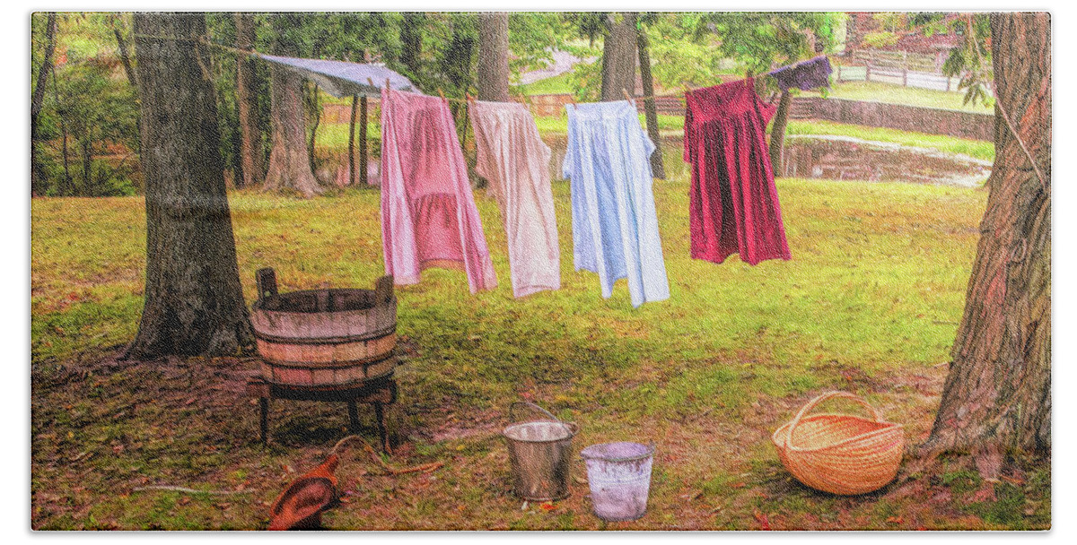 Vintage Beach Towel featuring the photograph Wash Day In The Village by Gary Slawsky