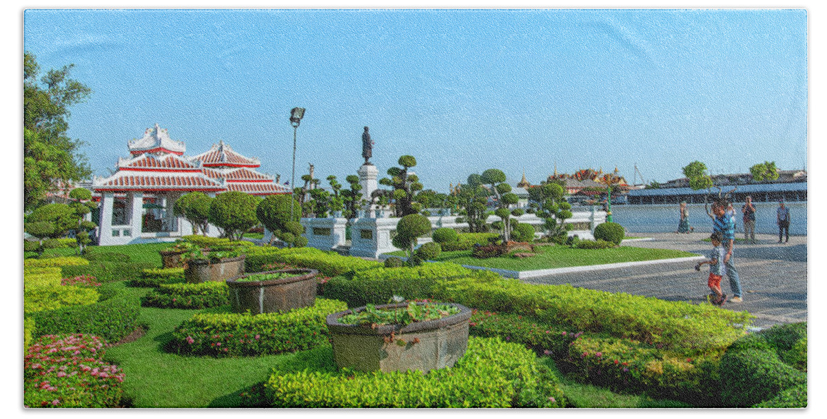 Scenic Beach Towel featuring the photograph Wat Arun Gardens and Wat Phra Kaew DTHB2124 by Gerry Gantt