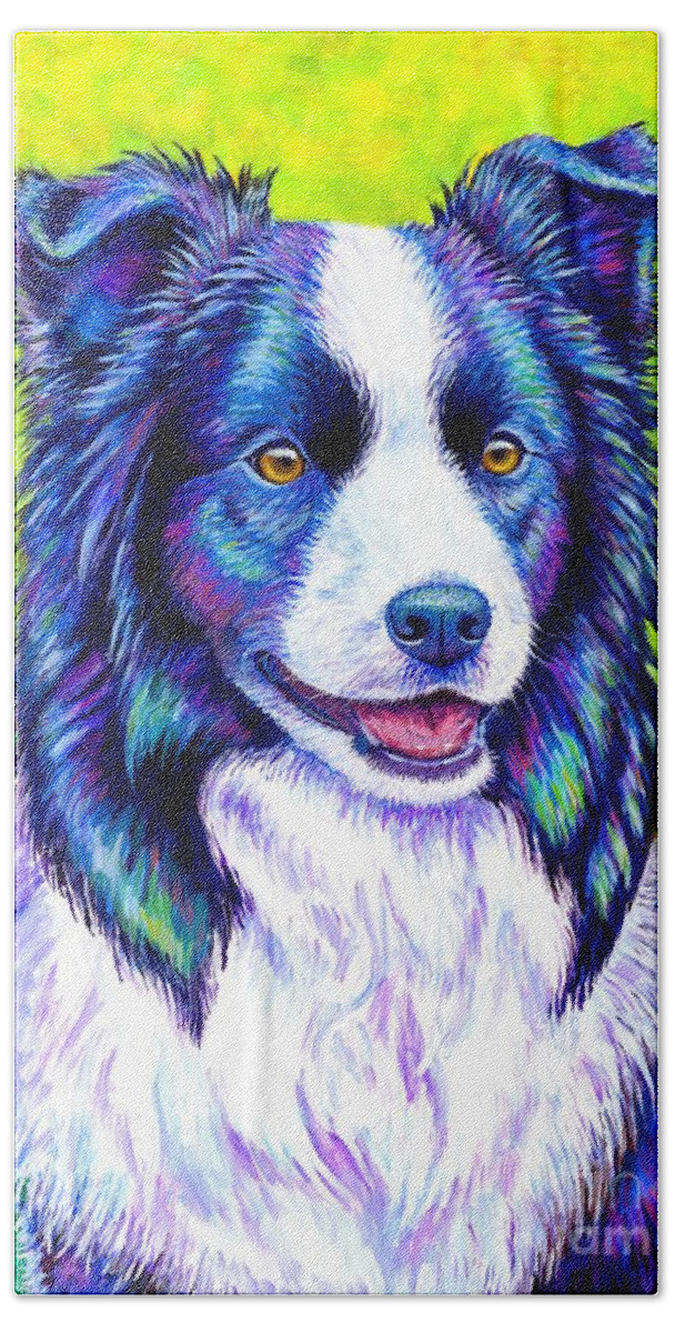 Border Collie Beach Towel featuring the painting Watchful Eye - Colorful Border Collie Dog by Rebecca Wang