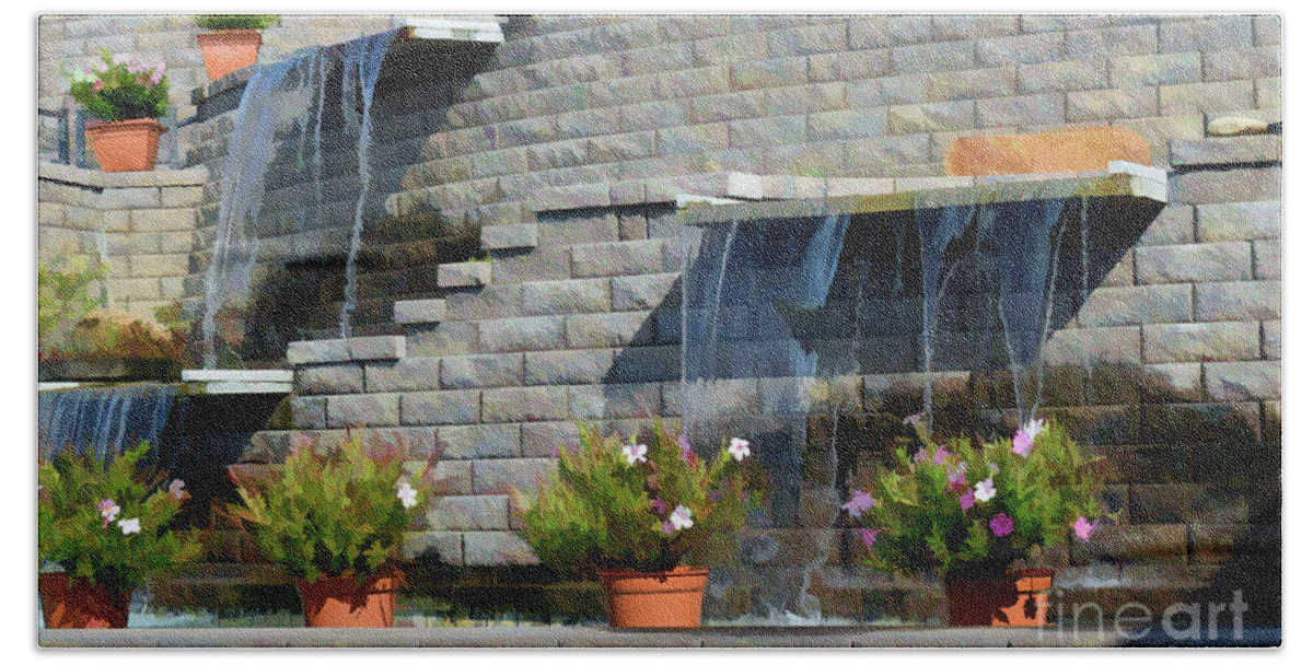 Landscape Wall Beach Towel featuring the photograph Water Wall with Flowers by Roberta Byram