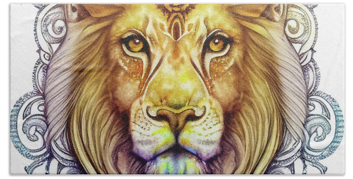 Lion Beach Towel featuring the digital art Watercolor Animal 03 Lion Portrait by Matthias Hauser