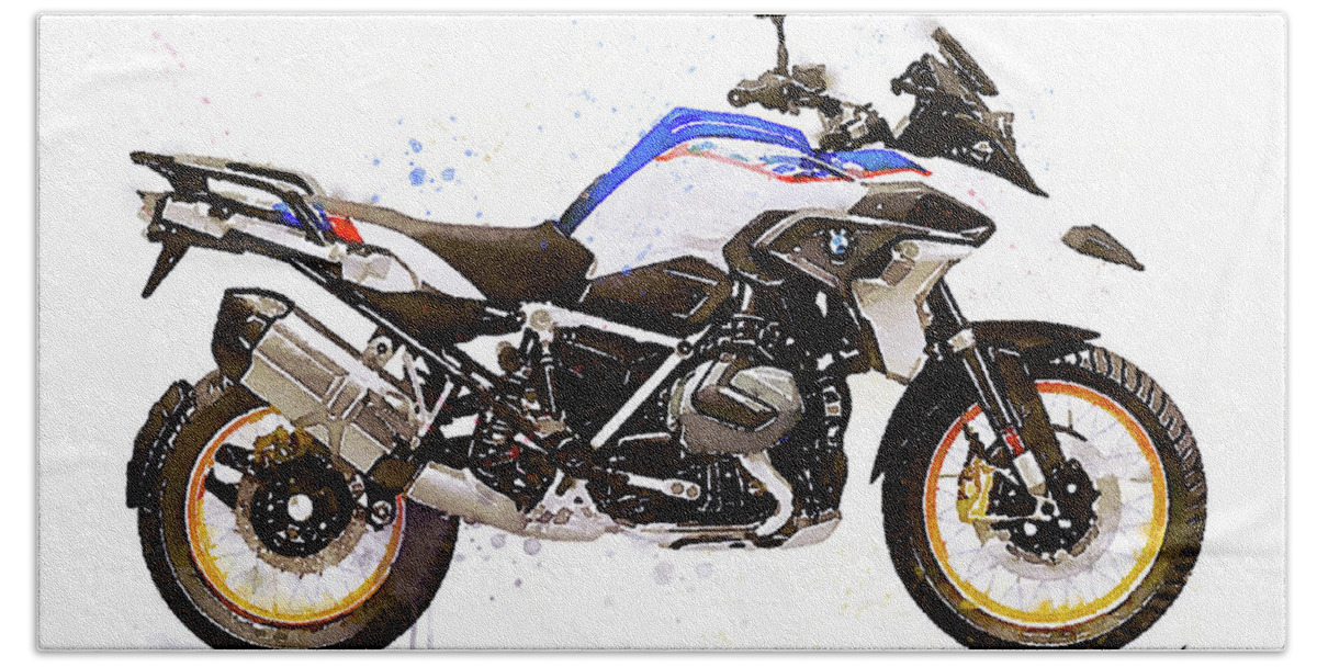Motorcycle Beach Towel featuring the painting Watercolor BMW R1250GS motorcycle - oryginal artwork by Vart by Vart