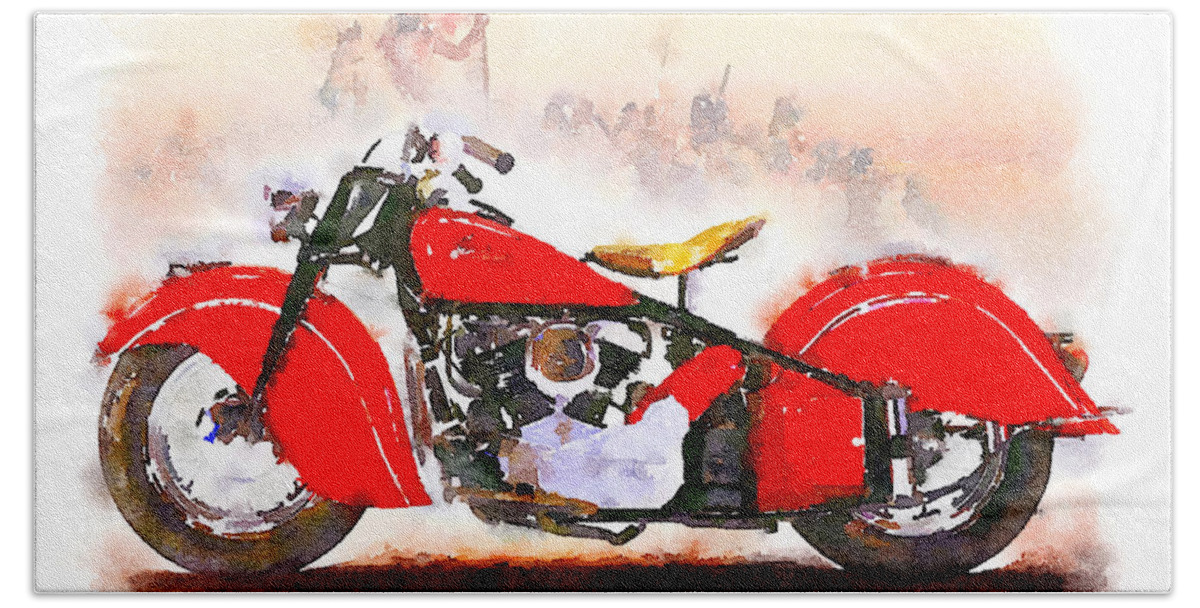 Watercolor Beach Towel featuring the painting Watercolor Classic Indian motorcycle by Vart by Vart
