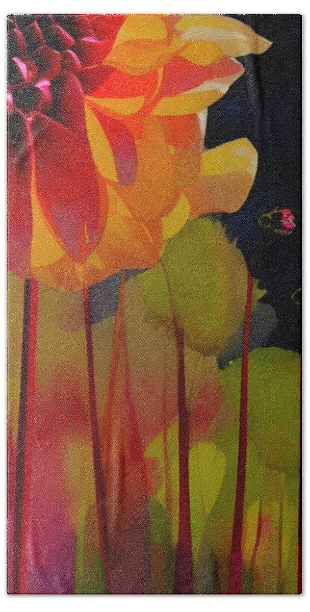 Watercolor Beach Towel featuring the painting Watercolor Dahlia - olive, maroon, orange, by Bonnie Bruno