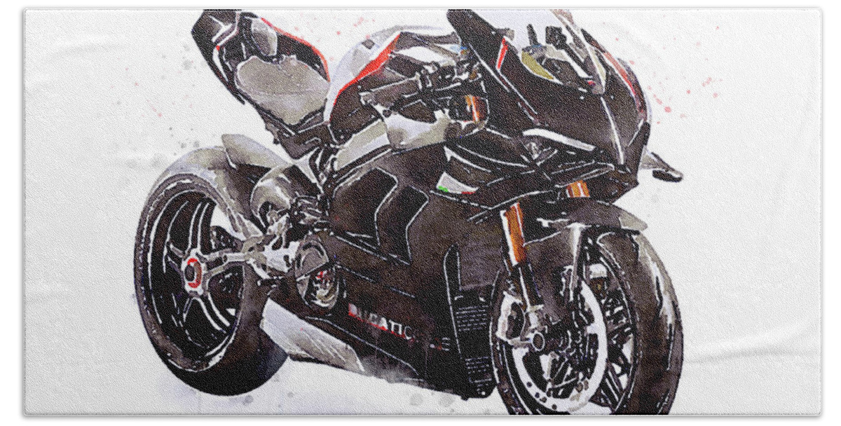Sport Beach Towel featuring the painting Watercolor Ducati Panigale V4SP 2022 motorcycle, oryginal artwork by Vart. by Vart Studio