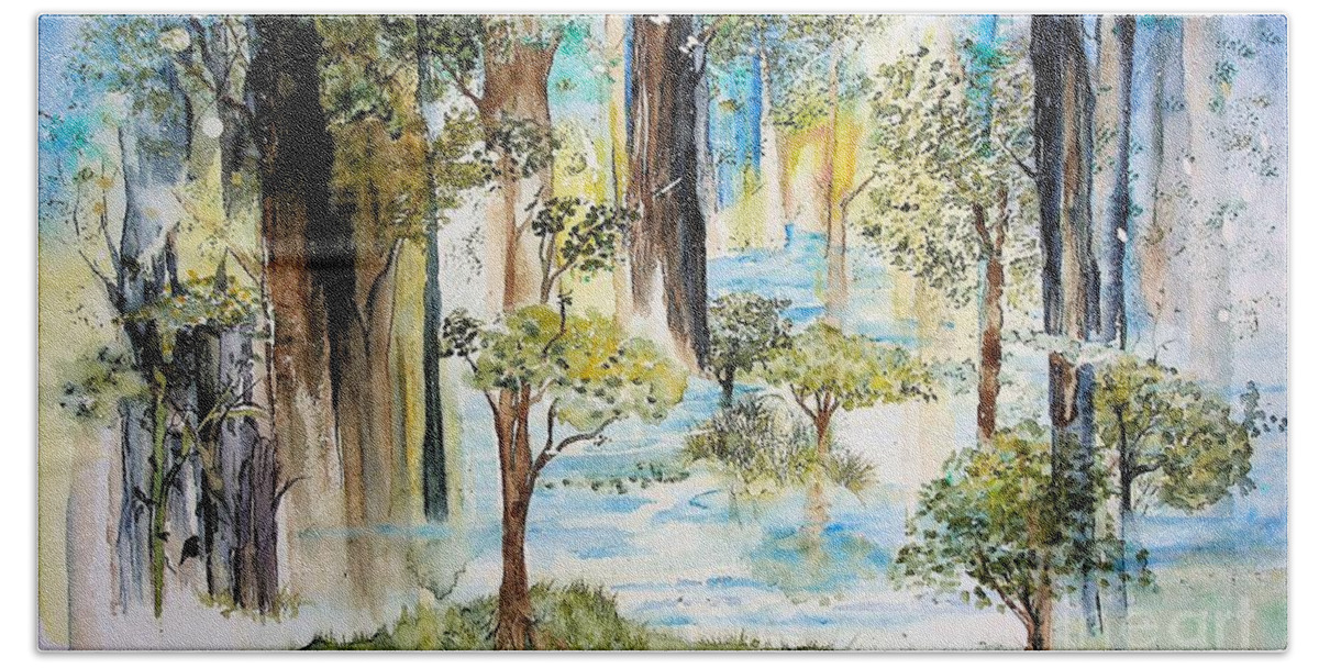 Landscape Beach Towel featuring the painting Watercolor Fantasy Landscape 2 greens and blues by Valerie Shaffer