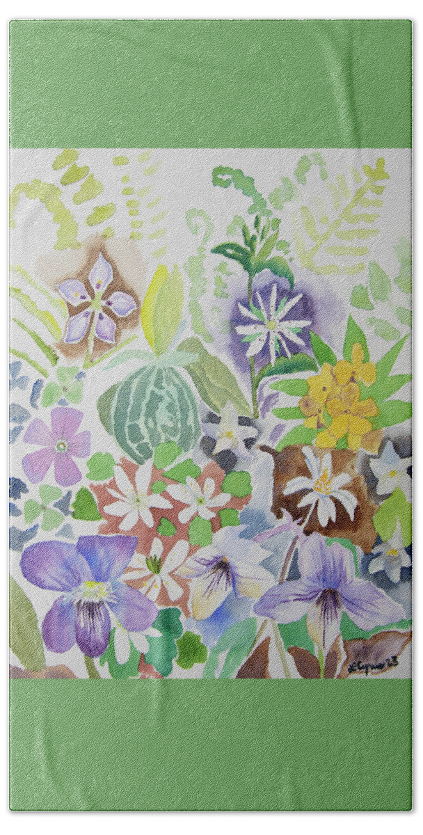 Wildflower Beach Towel featuring the painting Watercolor - First Spring Wildflowers in Eastern Tennessee by Cascade Colors