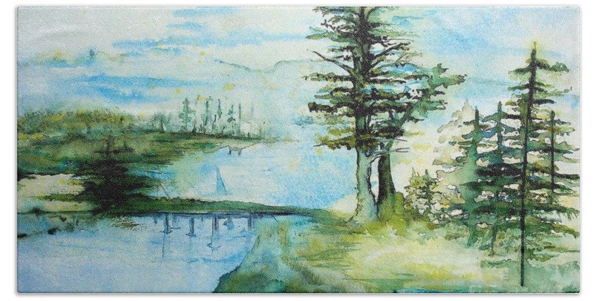 Landscape Beach Towel featuring the painting Watercolor Landscape 1 greens and blues by Valerie Shaffer