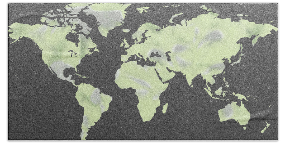 World Map Beach Towel featuring the painting Watercolor Map Of The World On Gray Background by Irina Sztukowski