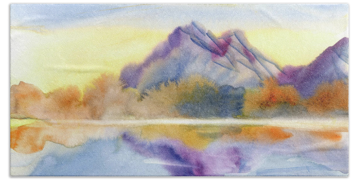 Watercolor Beach Towel featuring the digital art Watercolor Sunrise Mountain Scenery View Painting by Sambel Pedes