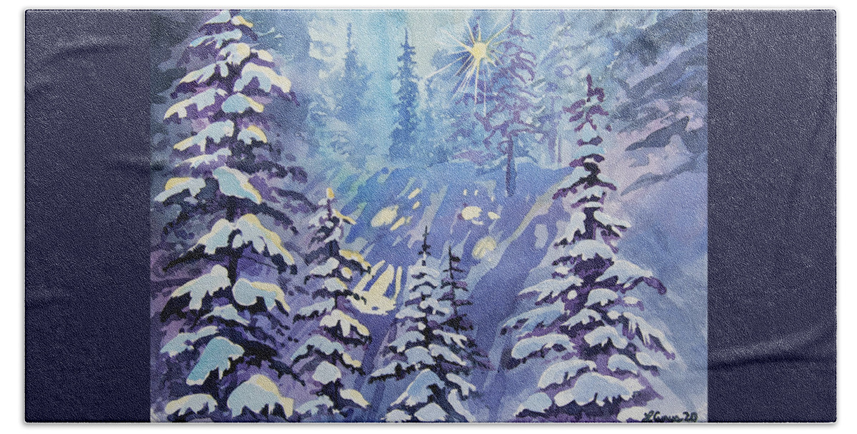 Winter Beach Towel featuring the painting Watercolor - Winter Snowy Forest with Sunburst by Cascade Colors