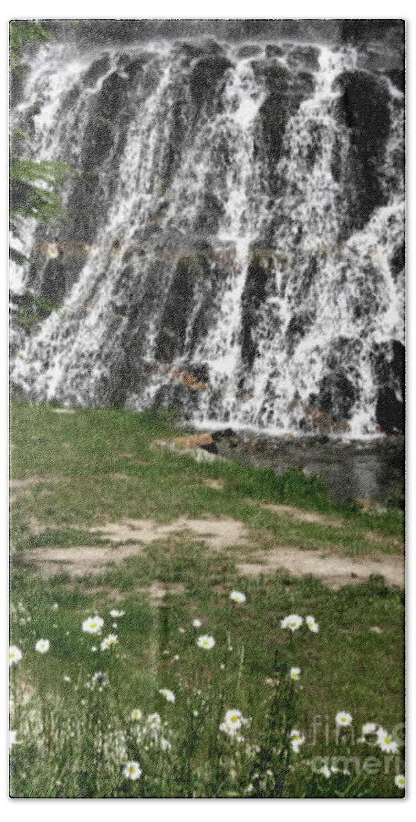Canada Beach Towel featuring the photograph Waterfall and Flowers by Mary Mikawoz