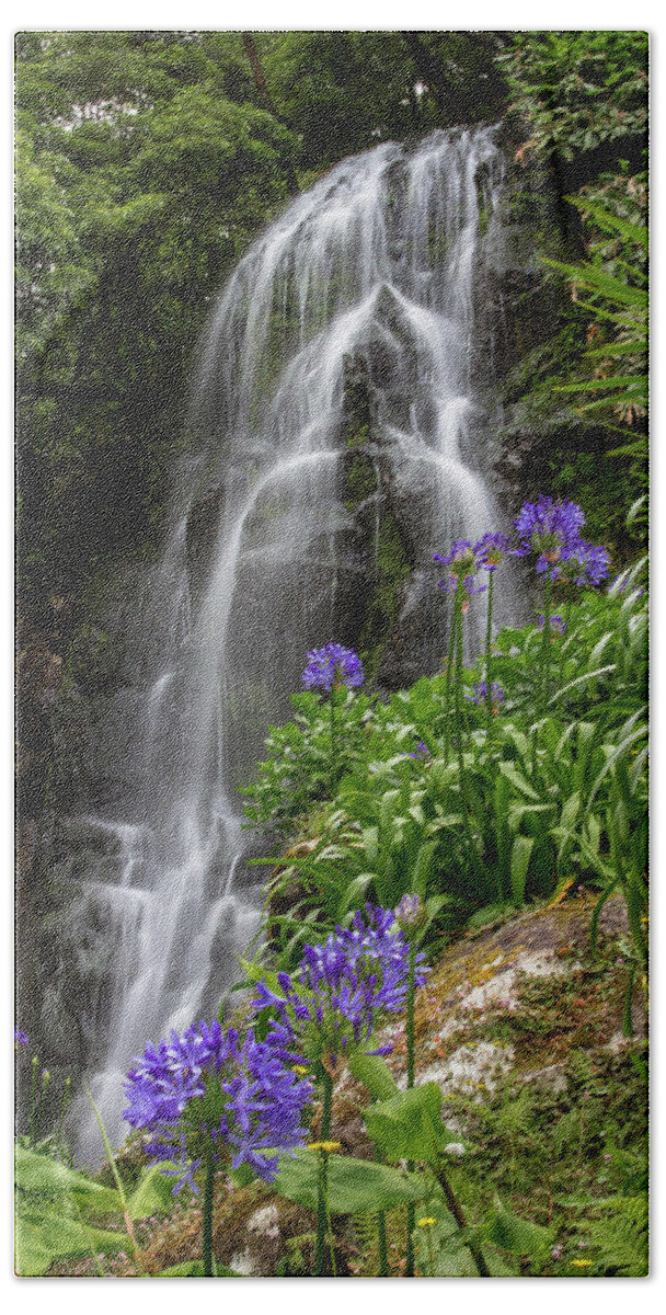 Nordeste Beach Towel featuring the photograph Waterfall with Flowers by Denise Kopko