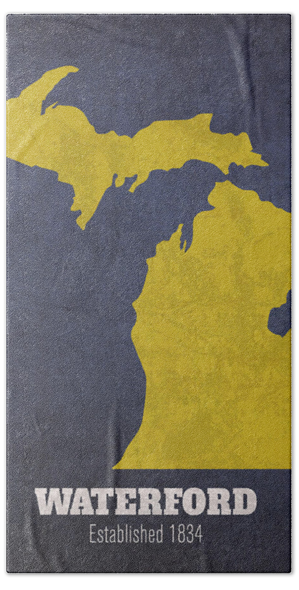 Waterford Beach Towel featuring the mixed media Waterford Michigan City Map Founded 1834 University of Michigan Color Palette by Design Turnpike