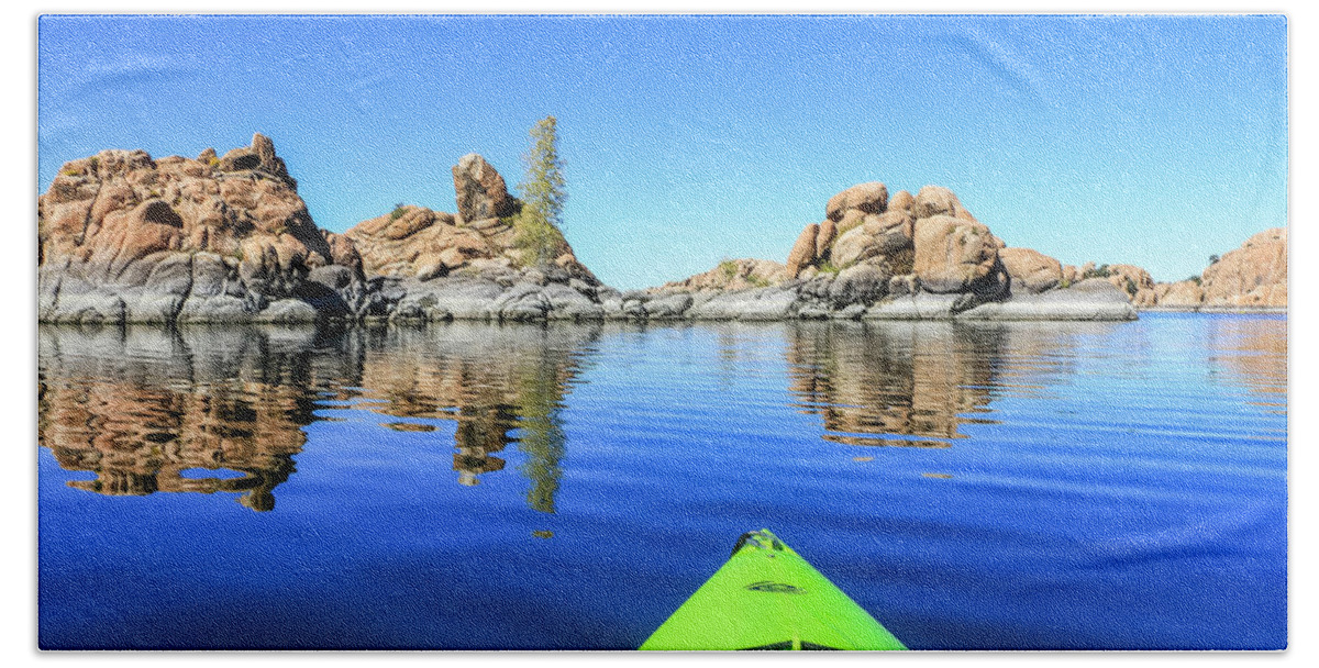 Arizona Beach Towel featuring the photograph Watson Lake Reflection with Kayak by Dawn Richards