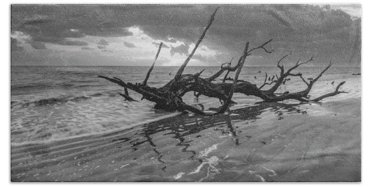 Black Beach Towel featuring the photograph Waves at Sunrise Jekyll Island Black and White by Debra and Dave Vanderlaan