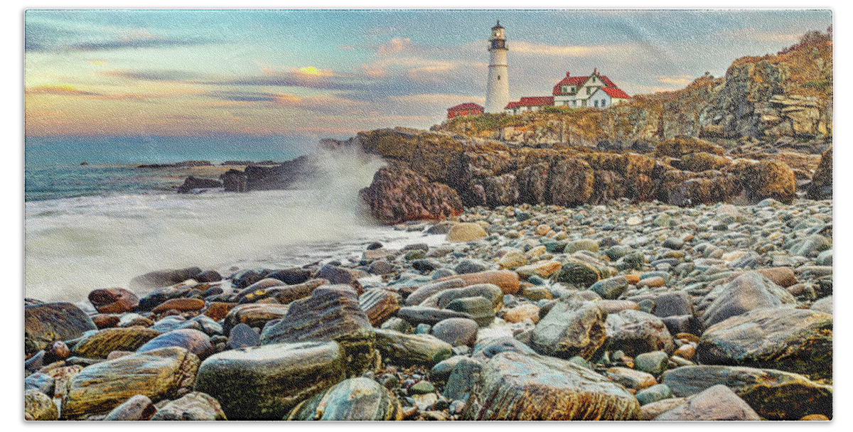 Portland Head Light Beach Towel featuring the photograph Waves Crashing on The Rocky Shores of Portland Head Light by Gregory Ballos