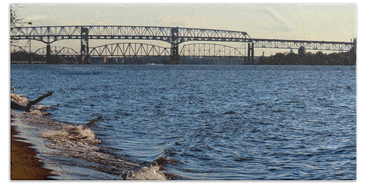 River Beach Towel featuring the photograph Waves Lapping the Shore of the Delaware River Near Betsy Ross and Delair Memorial Railroad Bridges by Linda Stern