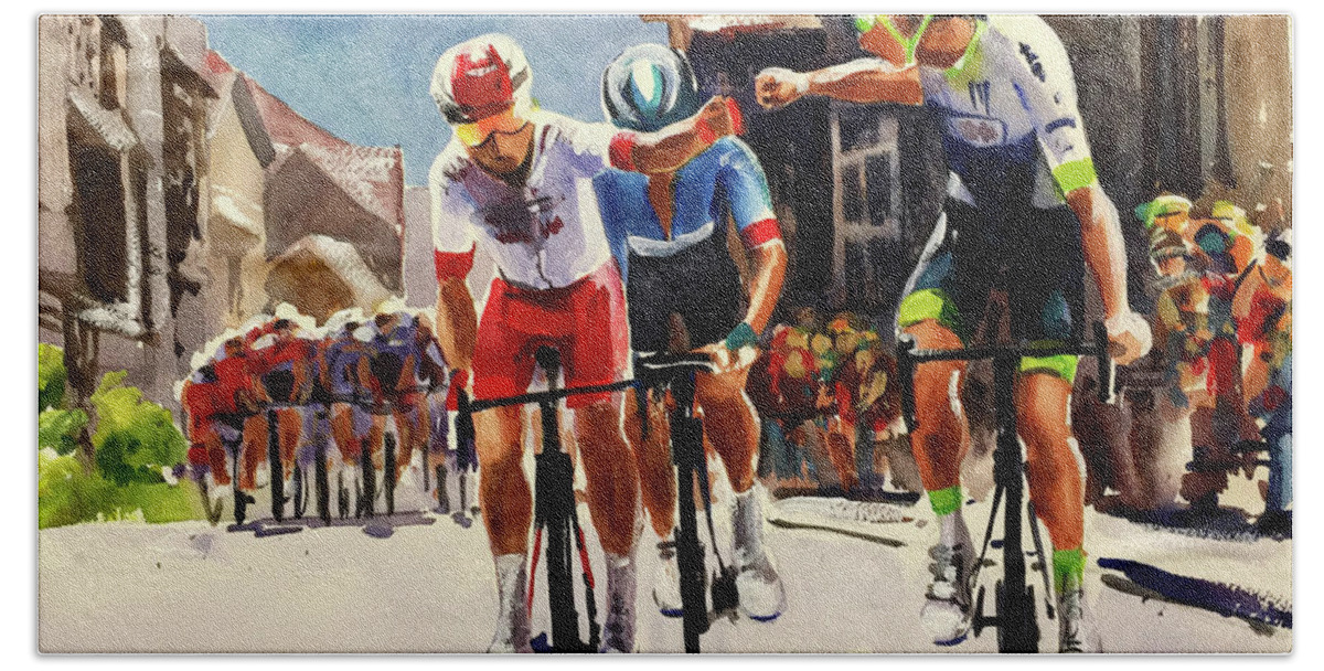 Le Tour De France Beach Towel featuring the painting Stage 3 2019 We Did Good by Shirley Peters