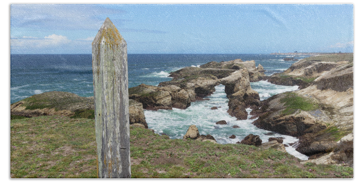 Mendocino Coast Landscapes Beach Towel featuring the photograph Weathered Pillar on a Coastal Prairie by Kathleen Bishop