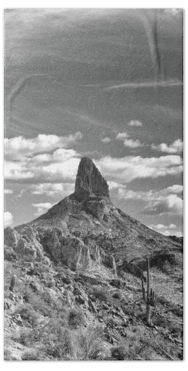 Weavers Needle Beach Towel featuring the photograph Weavers Needle in Black and White by Bob Falcone