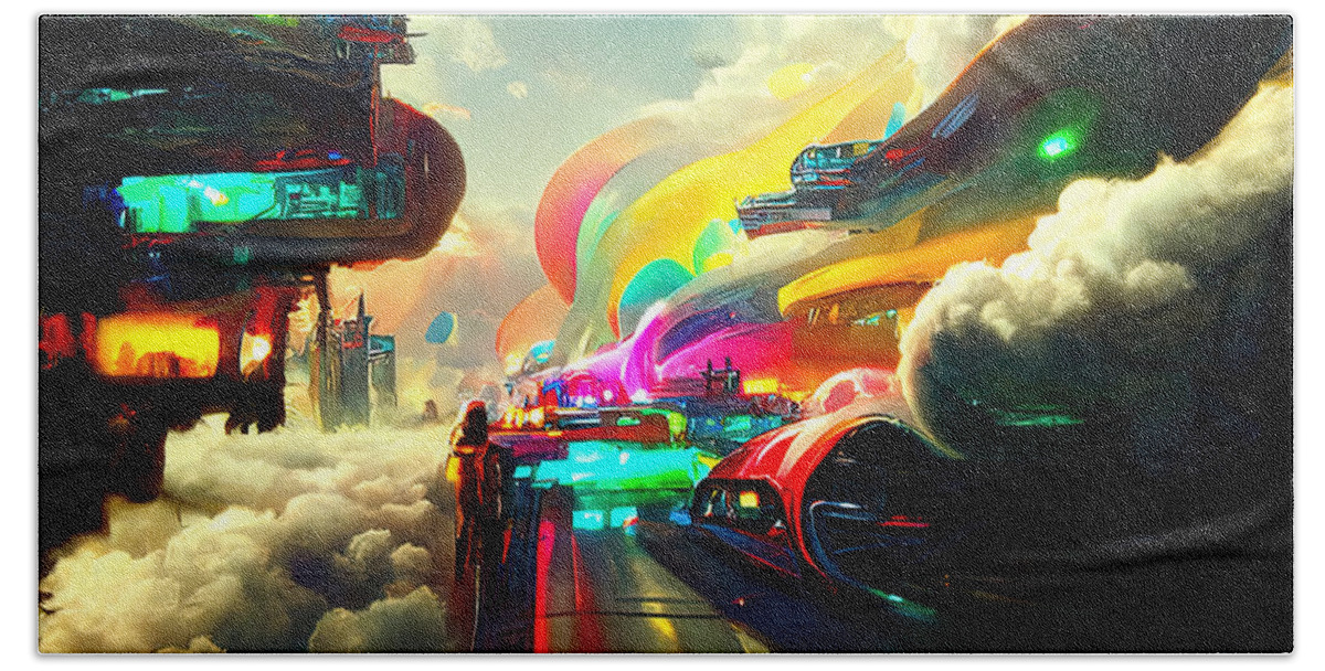 Cyberpunk Beach Towel featuring the painting Welcome to Cloud City, 04 by AM FineArtPrints