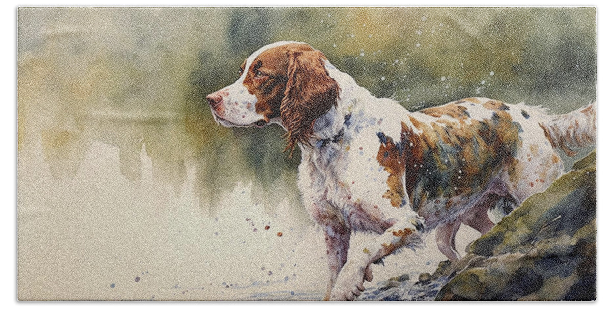 Dog Beach Towel featuring the painting Welsh Springer Spaniel by the River by Kai Saarto