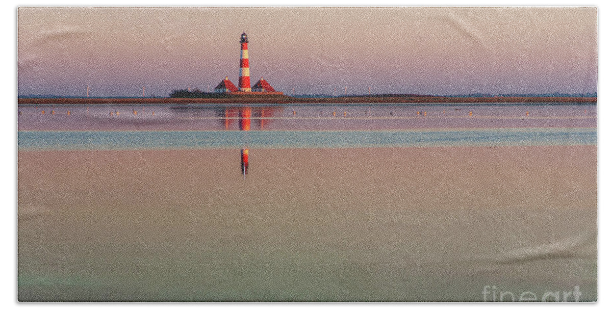 Lighthouse Beach Towel featuring the photograph Westerhever Lighthouse by Heiko Koehrer-Wagner