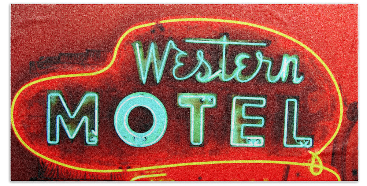 Neon Sign Beach Towel featuring the photograph Western Motel Neon Sign by Matthew Bamberg