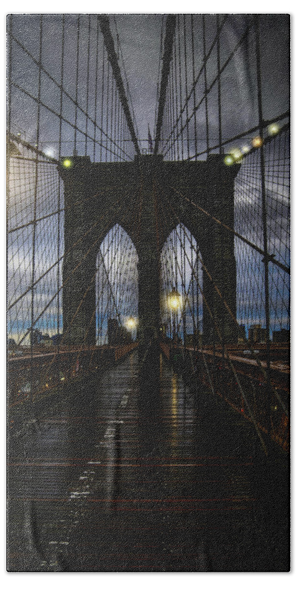 Streetlights Beach Towel featuring the photograph Wet Day On The Brooklyn Bridge by Chris Lord