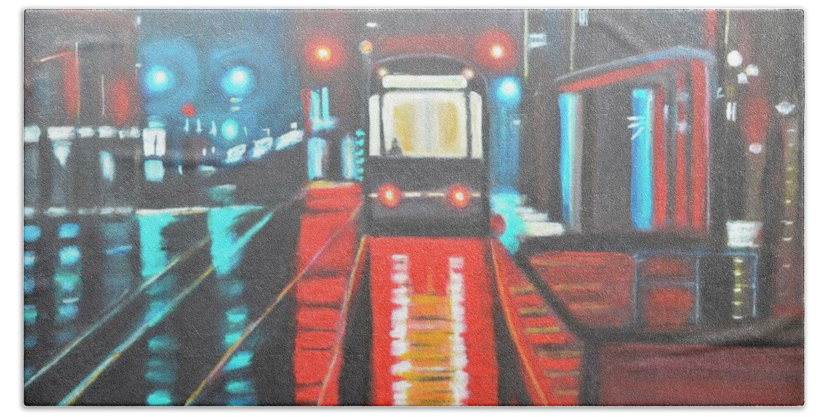 Tram Beach Towel featuring the painting Wet Tram landscape by Manjiri Kanvinde