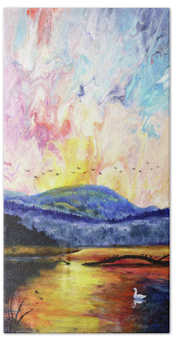 Marys Peak Beach Towel featuring the painting Wetlands Under Mary's Peak by Laura Iverson