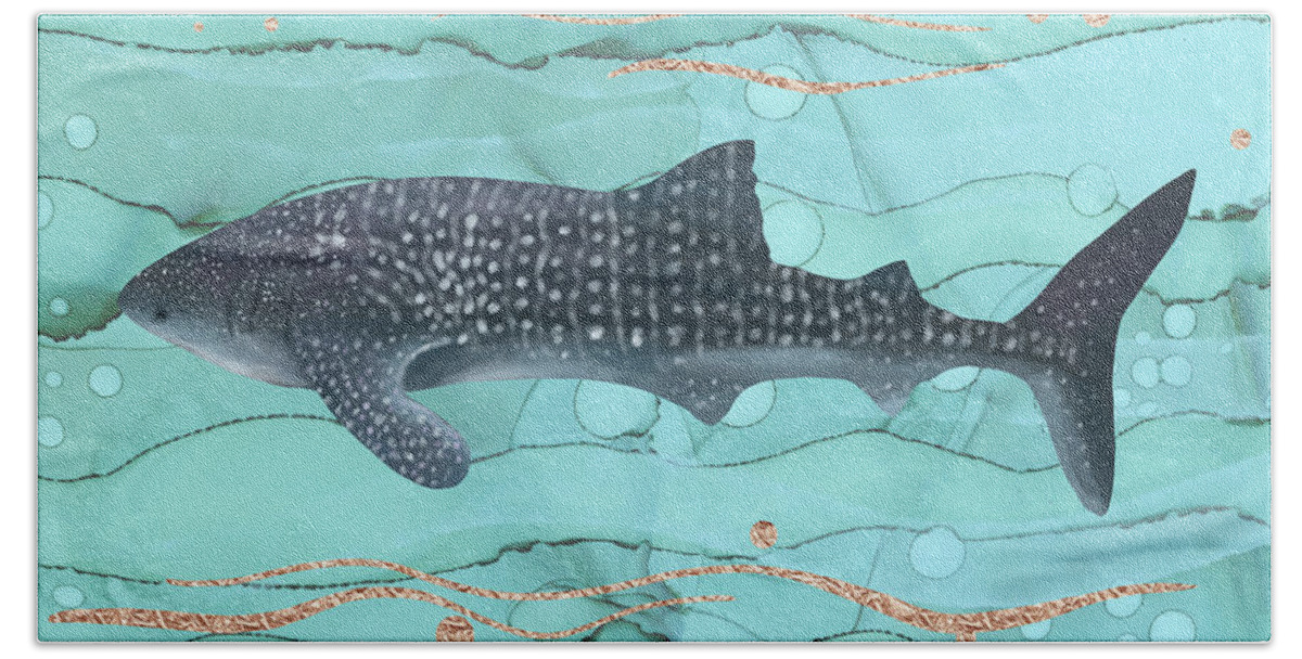 Whale Shark Beach Towel featuring the digital art Whale Shark Swimming in the emerald Ocean by Andreea Dumez