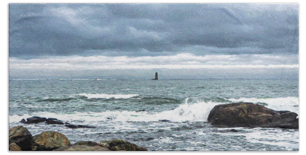 Whaleback Lighthouse Beach Towel featuring the digital art Whaleback Lighthouse Overcast Skies and Waves by Deb Bryce