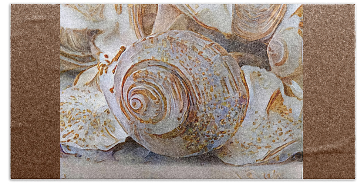 Whelk Beach Towel featuring the mixed media Whelk And Other Seashells On Beach by Sandi OReilly