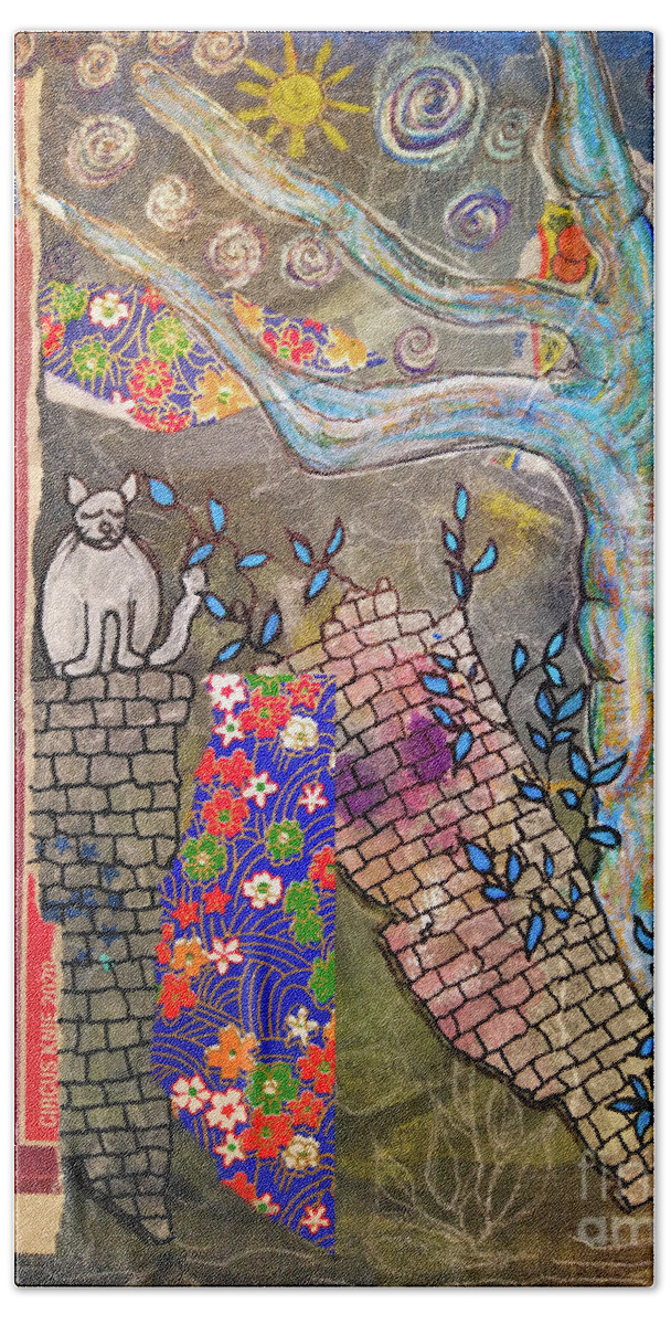 Dream Beach Towel featuring the mixed media When Dreaming of a White Cat ... by Mimulux Patricia No