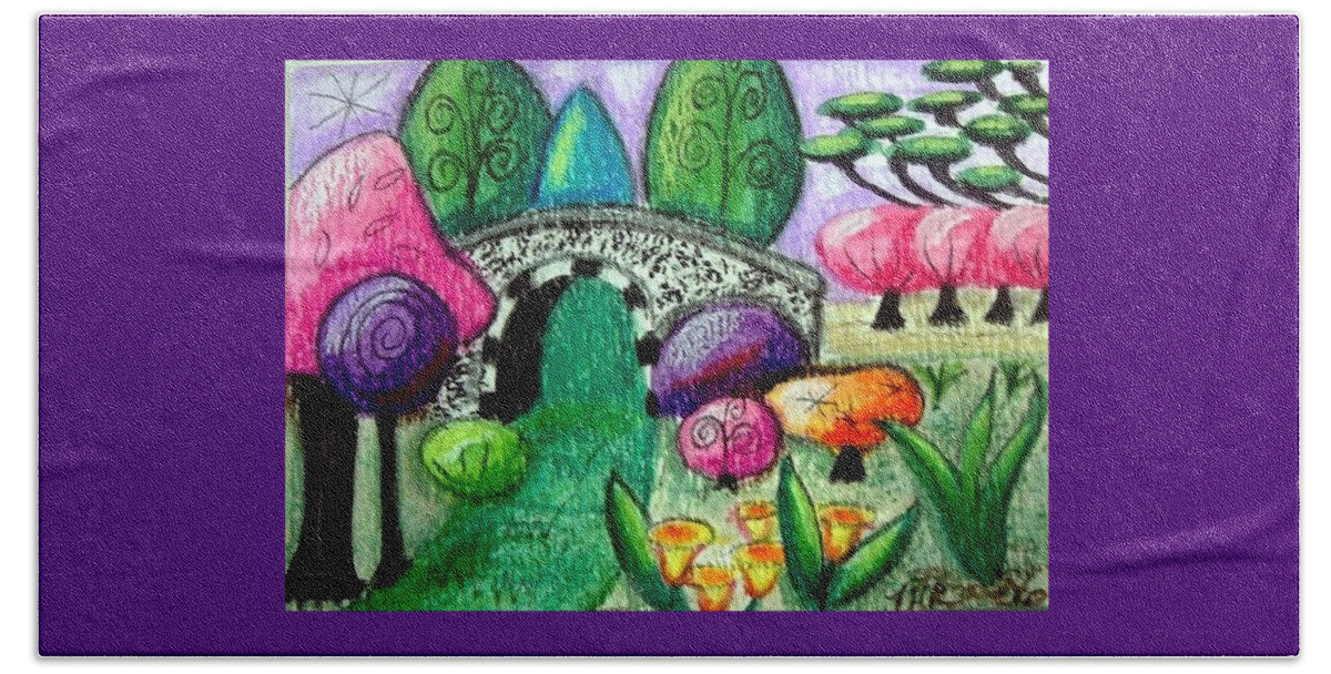 Bridge Beach Towel featuring the painting Whimsical Bridge Landscape by Monica Resinger