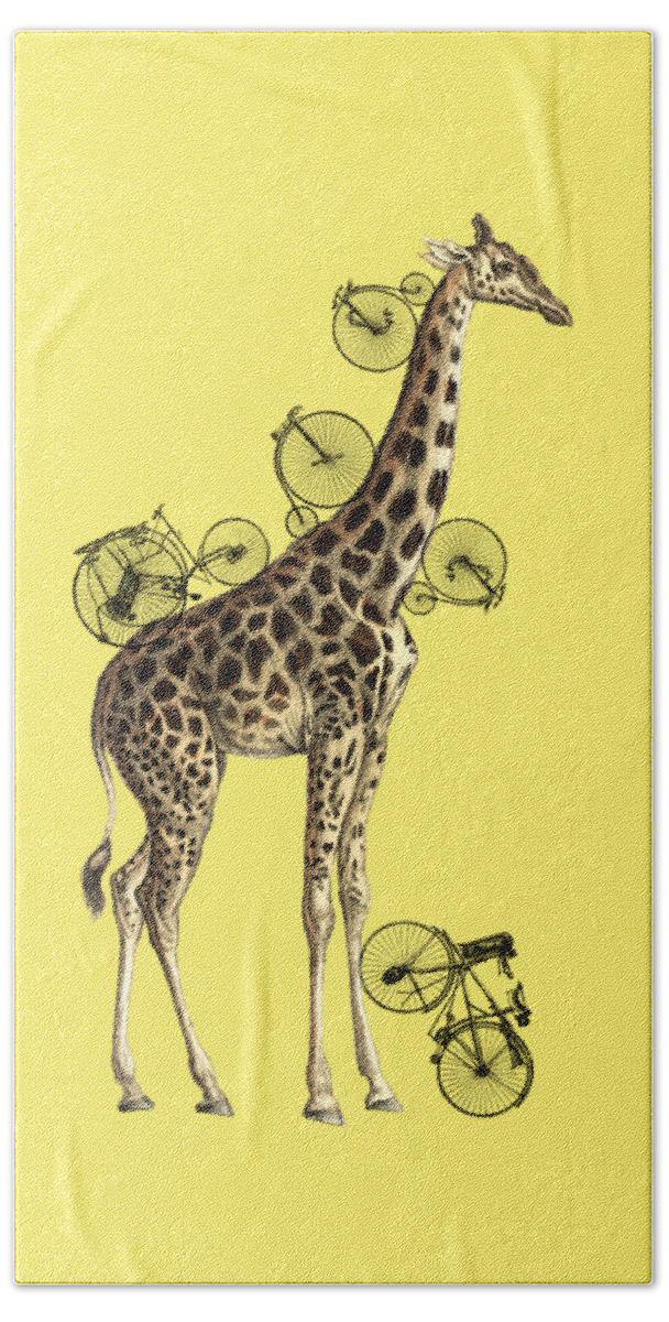 Giraffe Beach Towel featuring the digital art Whimsy bicycle giraffe by Madame Memento