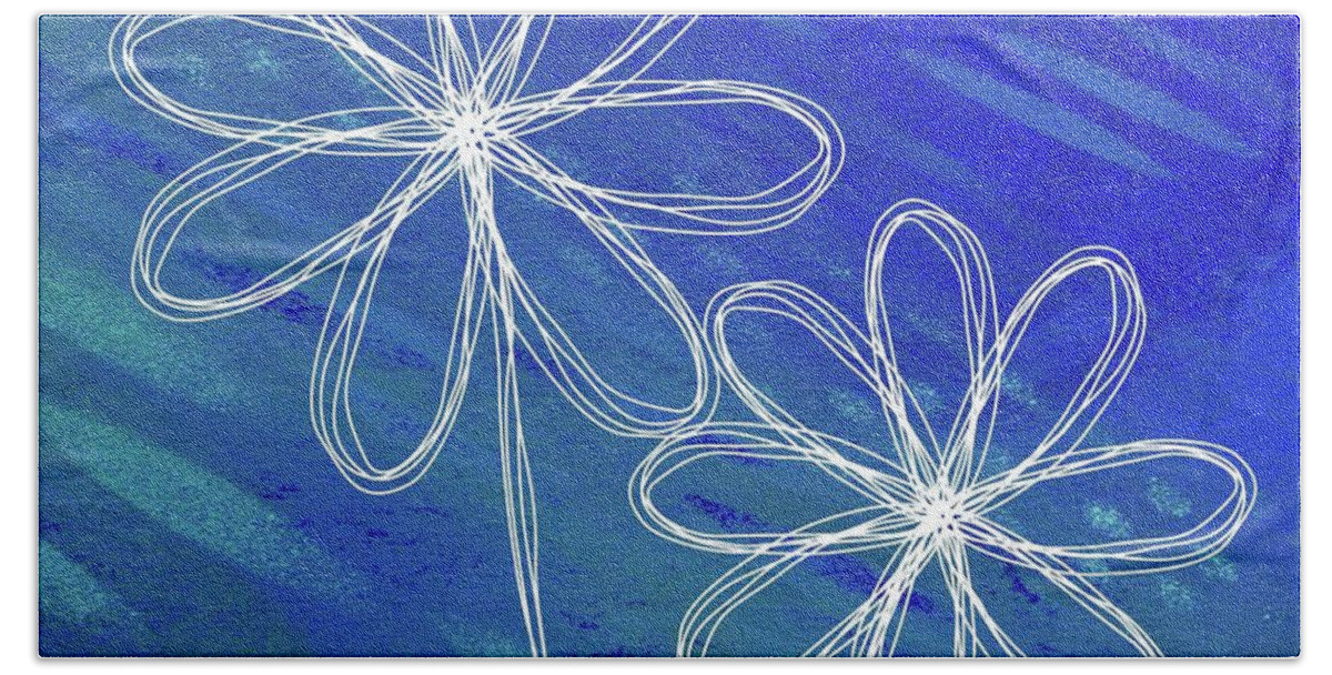 Retro Flowers Beach Towel featuring the mixed media White Abstract Flowers on Blue and Green by Donna Mibus