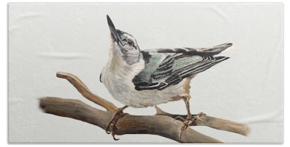 White-breasted Nuthatch Beach Towel featuring the painting White-breasted Nuthatch by Angeles M Pomata