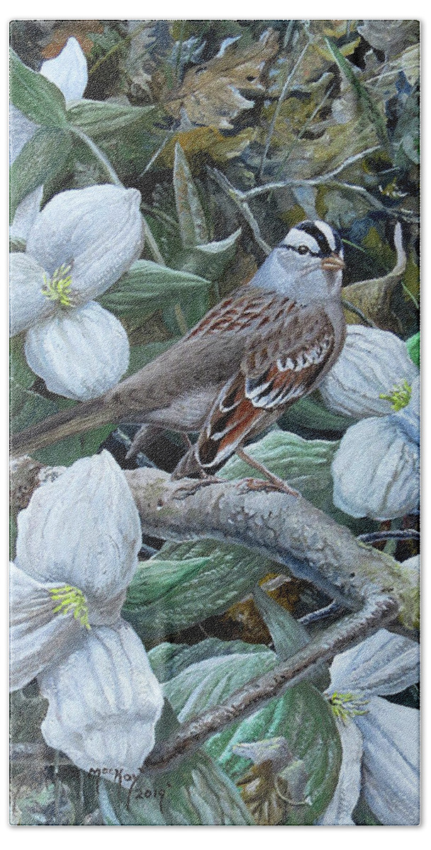 Barry Kent Mackay Beach Towel featuring the painting White-crowned Sparrow by Barry Kent MacKay