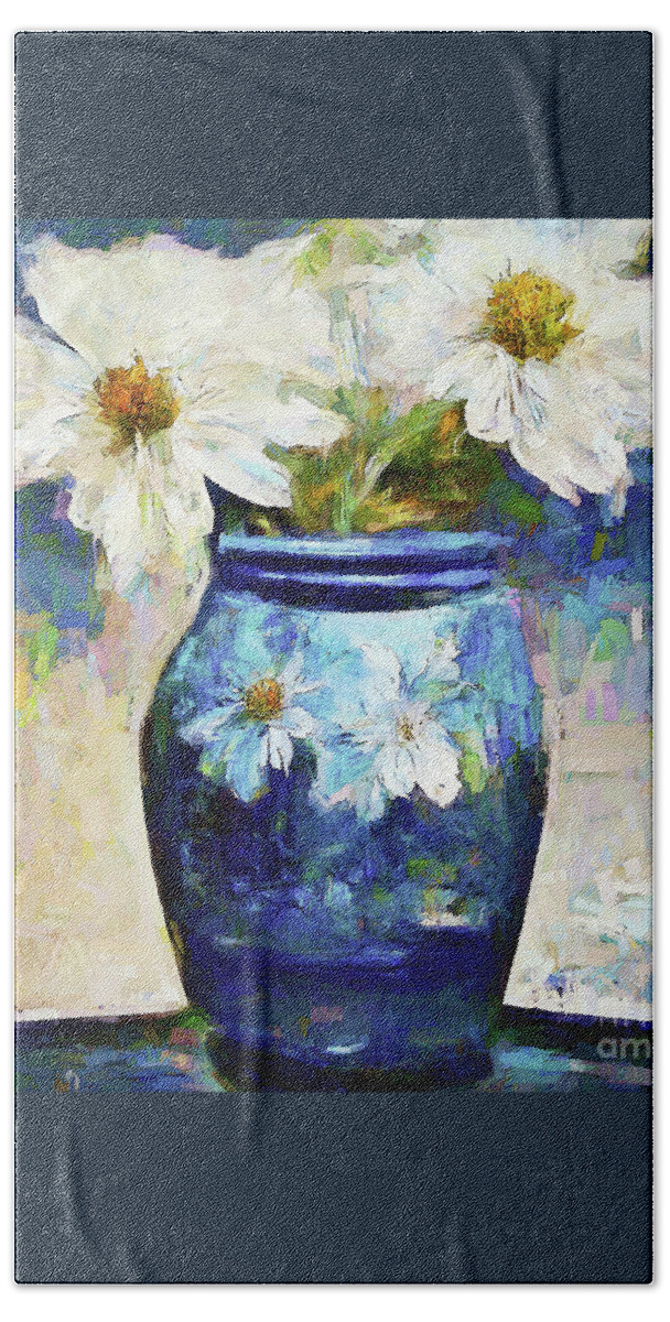 White Daisy Beach Towel featuring the painting White Daises In A Blue Vase by Tina LeCour