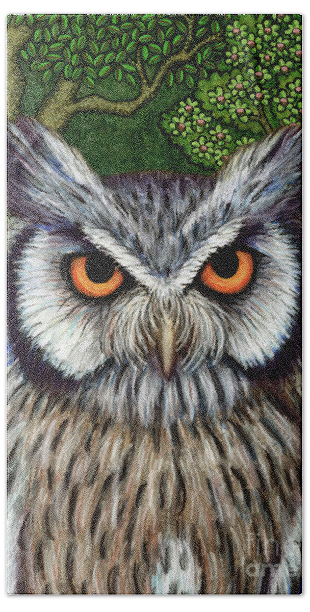 Owl Beach Towel featuring the painting White Faced Woodland Scops by Amy E Fraser